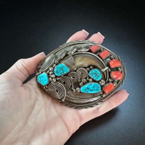 COPY - Vintage Navajo DC Stamped Turquoise Red Coral Genuine Bear Claw Belt Buc…